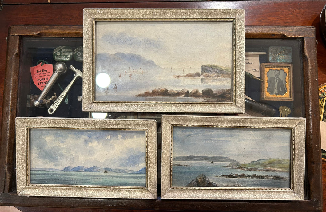 Trio of small watercolours showing Galway bay at Silver Strand, Barna, Galway.