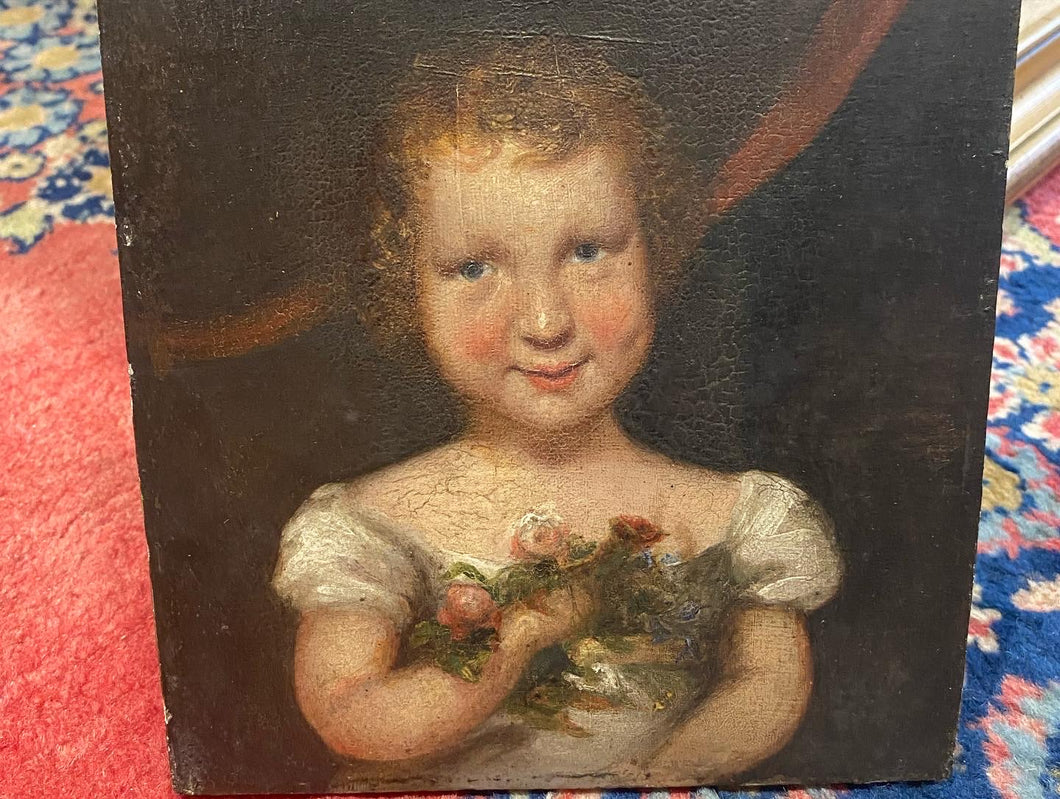 Early 19th Century - Oil on Panel - Girl with Flowers.